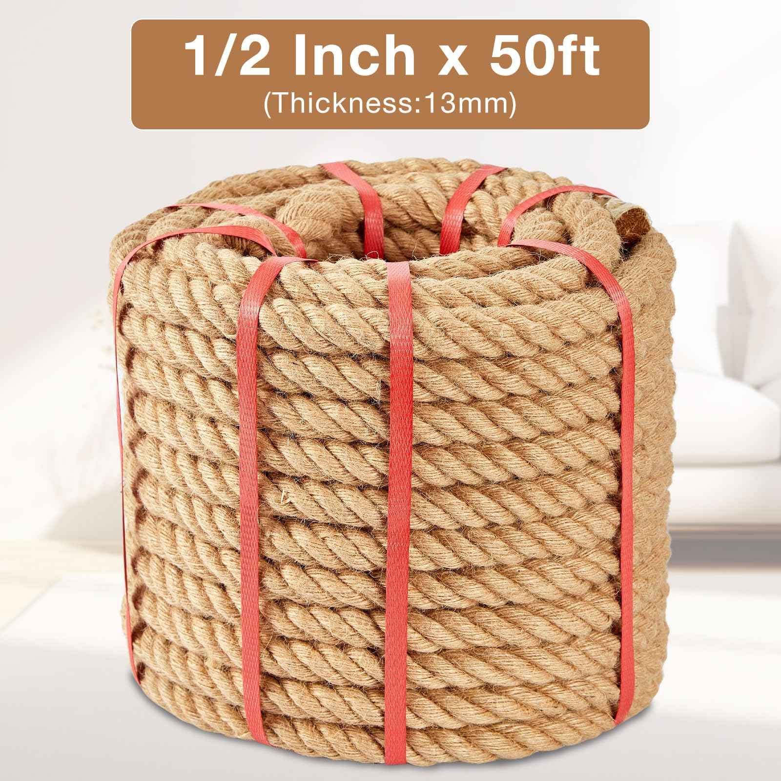 Kweetle Jute Rope 1/2 Inch x 50 FT, Hemp Rope Twisted Heavy Duty Jute Rope, Manila Rope for Home Decor Crafts Swing Rope Railing Climbing Decorating