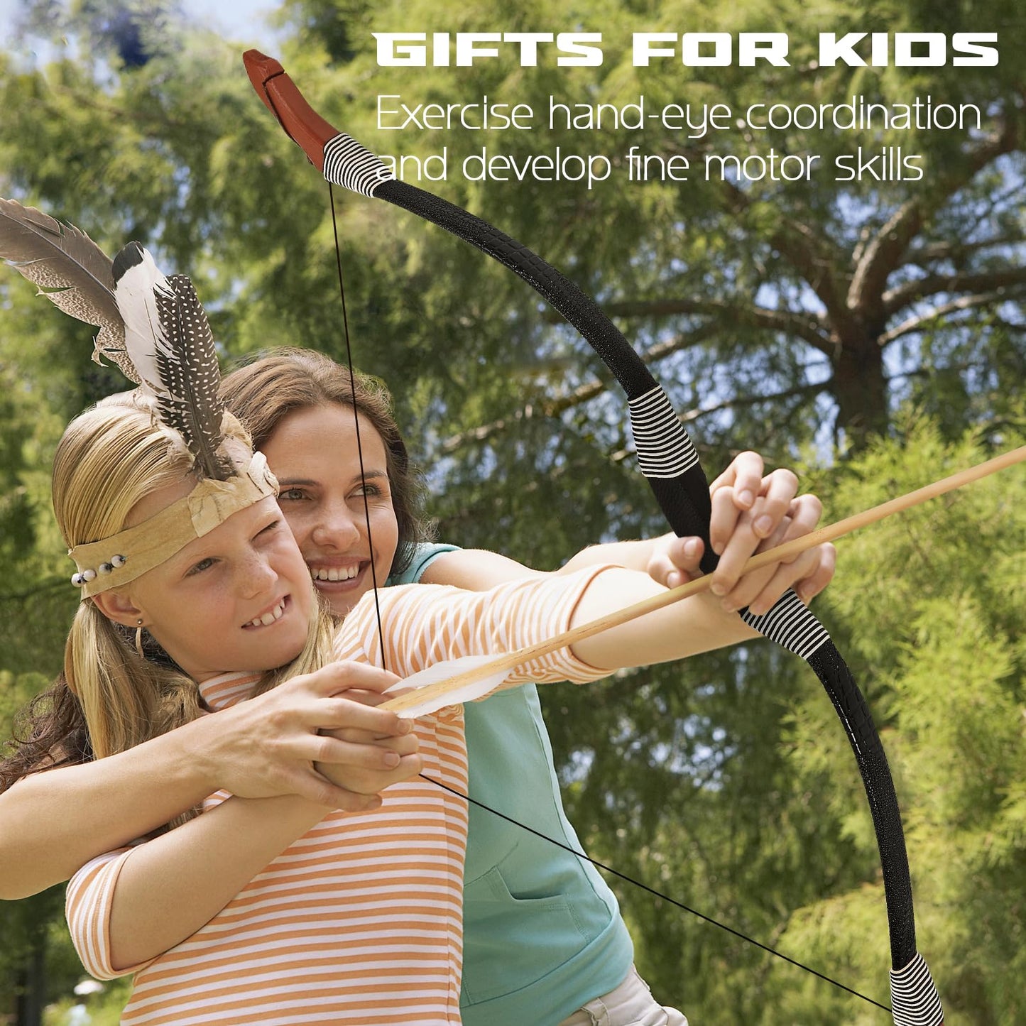 Kids Bow and Arrow Set, 33″ Archery Set Wrapped in Microfiber Leather Wooden Toy Bow and Arrow for Kids 6-8 8-12, 7 Wood Arrows, 3 Feathered Arrows (Rubber Tip), Gifts for Youth Boys Girls, Black
