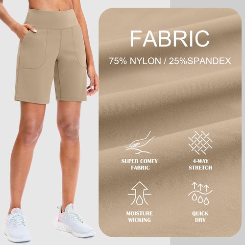 SANTINY Women's Athletic Bermuda Shorts High-Waisted Long Shorts for Women Running Yoga Lounge with Pockets（Khaki-XL