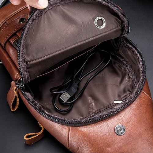 KPYWZER Genuine Leather Sling Backpack with USB Charging Port Chest Bag Outdoor Hiking Travel Daypack Brown