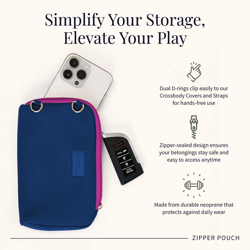 Posh Pickler Clip-On Expandable Neoprene Pouch with Zipper, Weather-Resistant Design, Secure Storage for Keys, Cards, & More, Compatible with Crossbody Paddle Cover & Strap, 7.75" L x 5" W, Navy