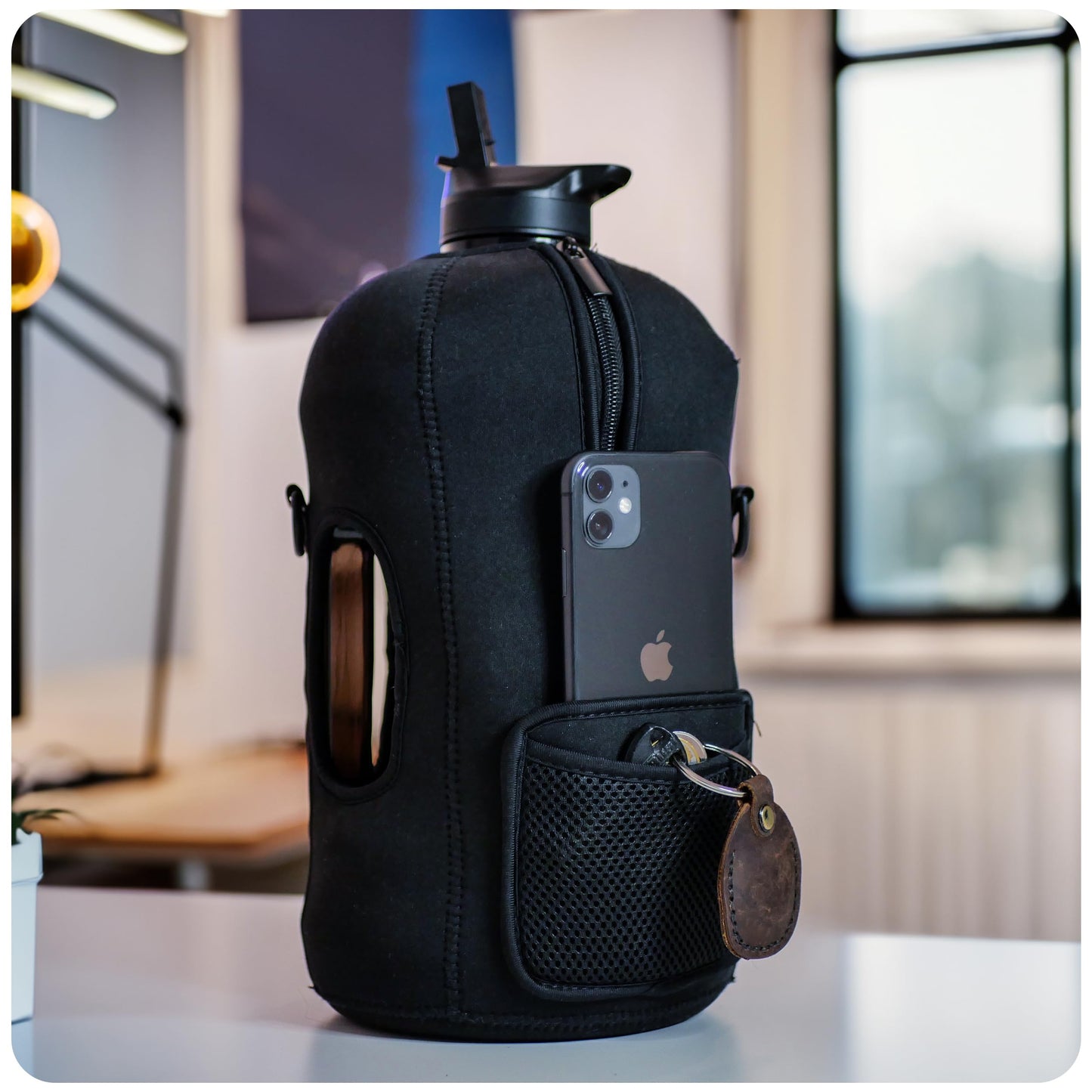 Hydro Gallon® - 1 Gallon Water Bottle Jug with Insulated Sleeve and Straw Lid, Handle, Time Marker, Pocket, Shoulder Strap. Daily Intake Leakproof BPA free Large Big Bottle Men. 128oz (Black)