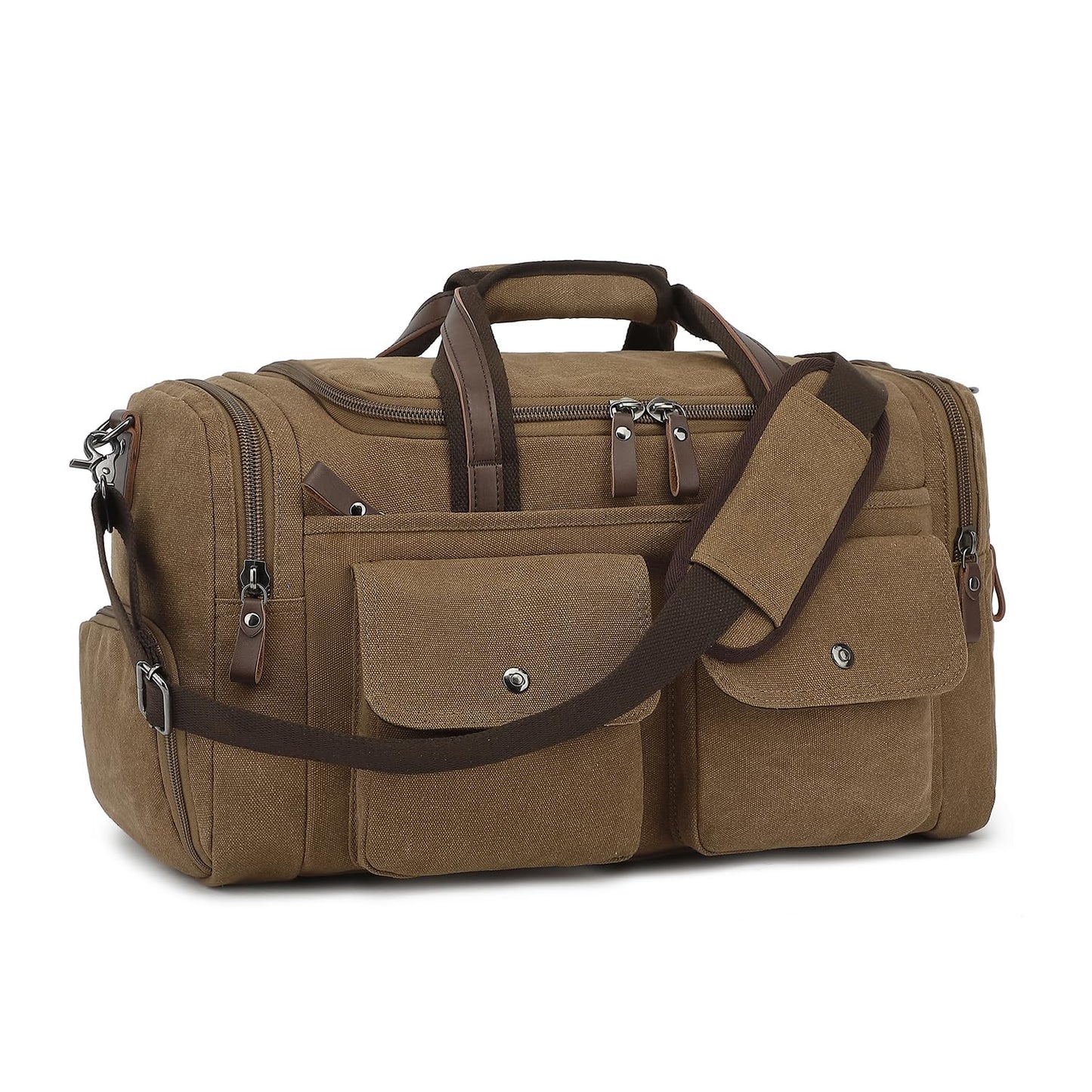 Koolehaoda Duffle Bag for Travel, 50L Canvas Travel Duffel Bags Overnight Weekend Gym Carry On Luggage Bag with Shoes Compartment Travel Bag for Men & Women (204-Coffee)