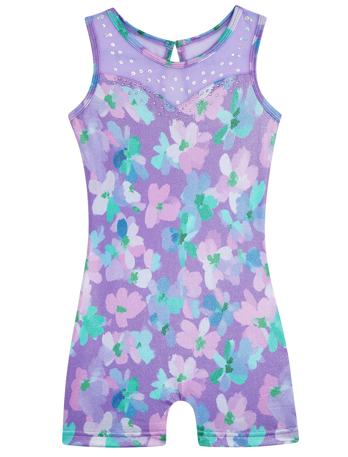 HOZIY Leotards for Girls Gymnastics 3t 4t Mesh Neckline with Iridescent Rhinestones Back Cut Out Sleeveless Purple Floral Biketard Shorts Tumbling Outfits Toddler Kids Sparkly Shiny