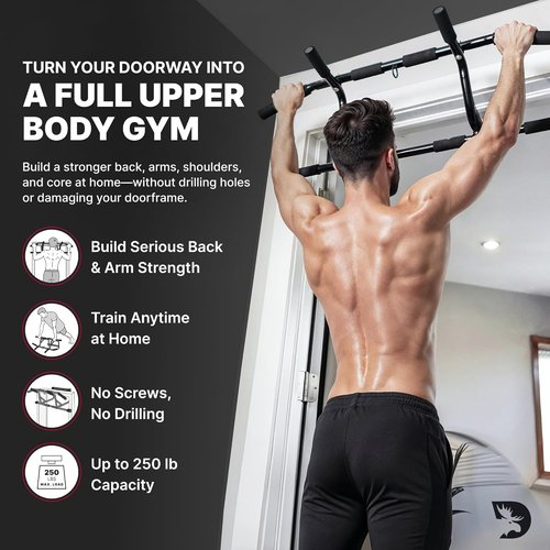 DMoose Fitness Pull Up Bar - 250 Lbs Capacity, No Screwing, Multi Padded Grips | Doorway Chin Up Bar