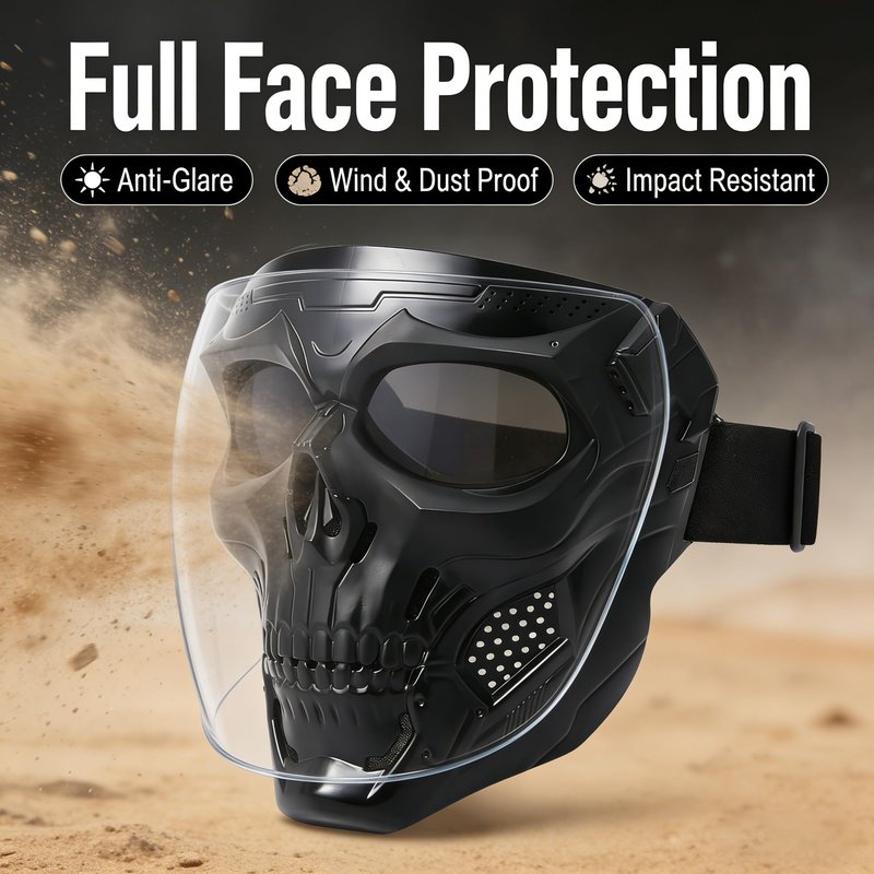 2 PCS Full Face Ghost Skeleton Mask - Black Tactical Gear with Anti-Dust Shield for Paintball, Cosplay & Halloween - Men Safety Protection Mask for Horror Costume, Cool Tactical Games