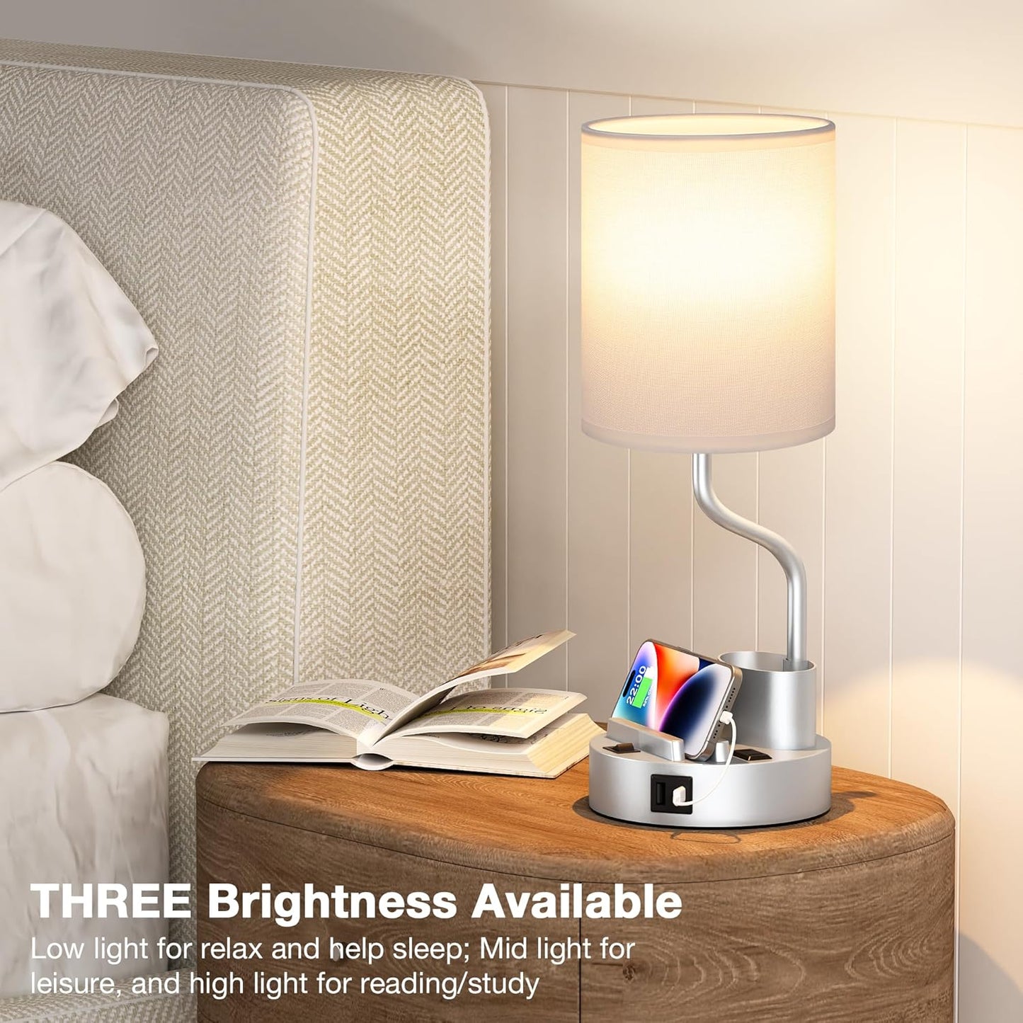 Set of 2 Bedside Table Lamps with USB & AC Outlet - 3 Color Temperatures, Desk Light & Phone Stand for Bedroom, Living Room, Office