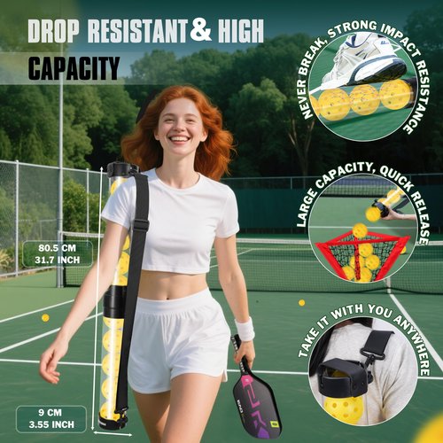Hikeen Durable Pickleball Ball Retriever with 10 Pickleballs,Quick Pickup & Storage Pickleball Tube with Shoulder Strap for Pickleballs Accessories - Includes 10 Balls