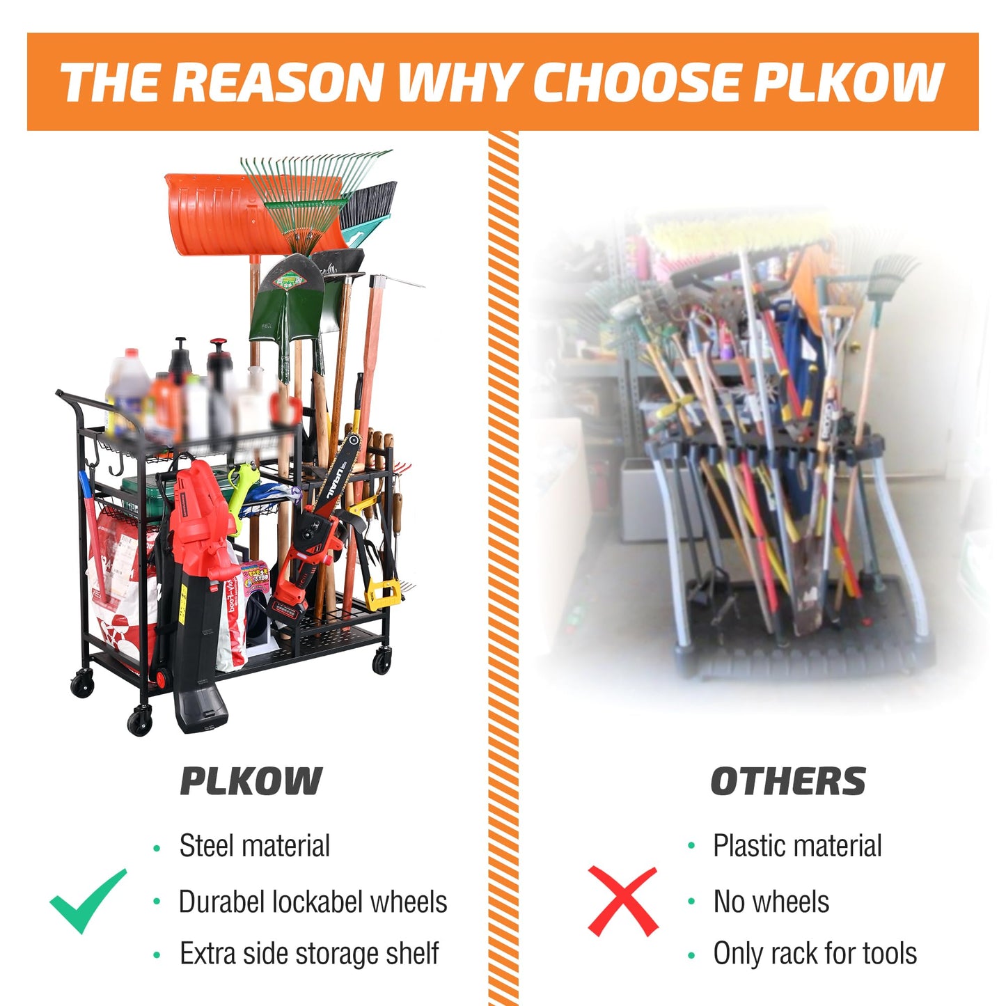 PLKOW Rolling Garden Tool Organizer with Shelves and Hooks, Black