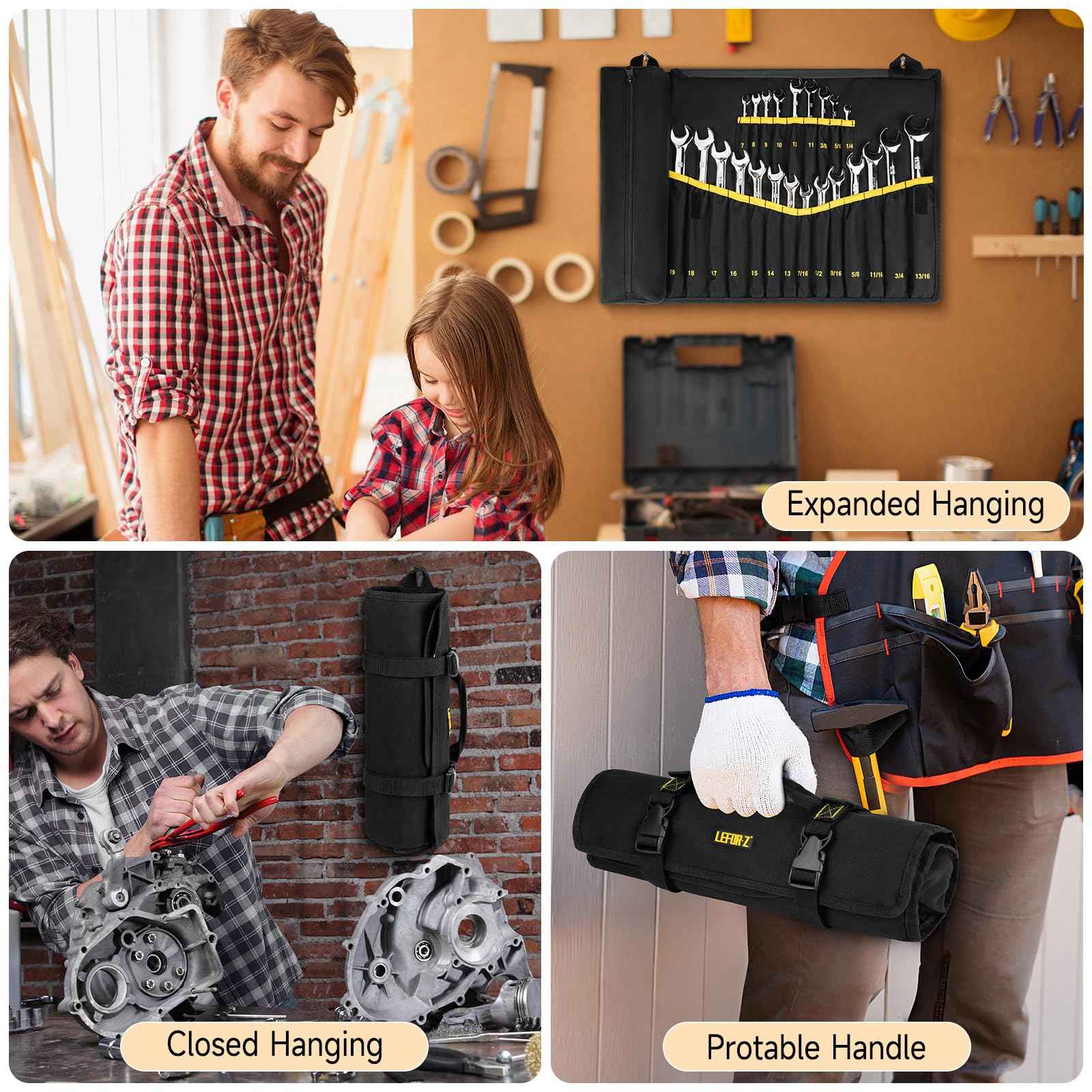 Wrench Roll Organizer (NOT for Ratcheting Wrench),Wrench Roll Up Pouch with 23+1 Pockets,Heavy Duty Tool Roll for Metric & SAE Wrenches,Large Wrench Holder Organizer Bag for Men,Mechanics(Black)