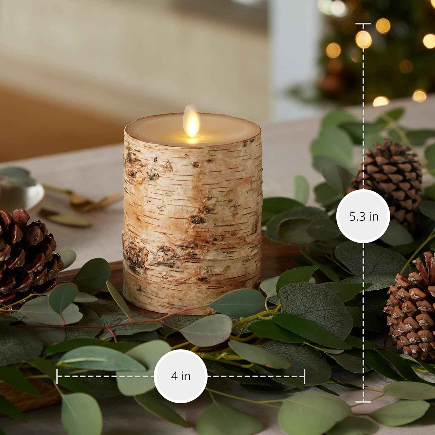 Realistic Moving Flame LED Pillar Candle with Birch Bark - Battery Operated, Remote Ready, 4x7