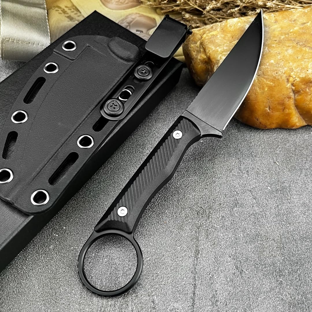 DIELUONAI 7.8" Fixed Blade Knife for Outdoor EDC,Full Tang 8Cr13Mov Steel with Mirror Finish,Non-Slip Grip Handle & Secure Kydex Sheath,Gift For Men