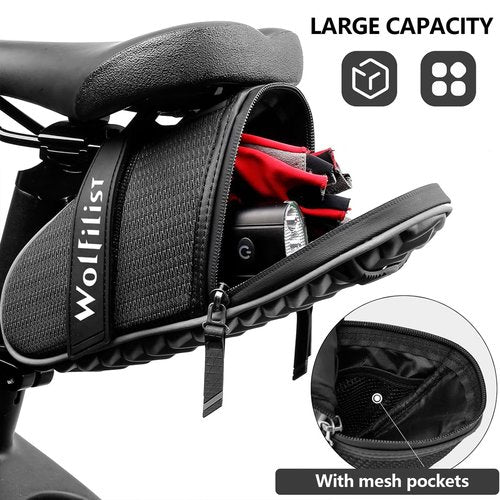 WOLFILIST Bike Seat Bag - Saddle Bag for Mountain and Road Bikes, Cycling Seat Pack with 3D Shell Design, Fits Under Seat (Black)