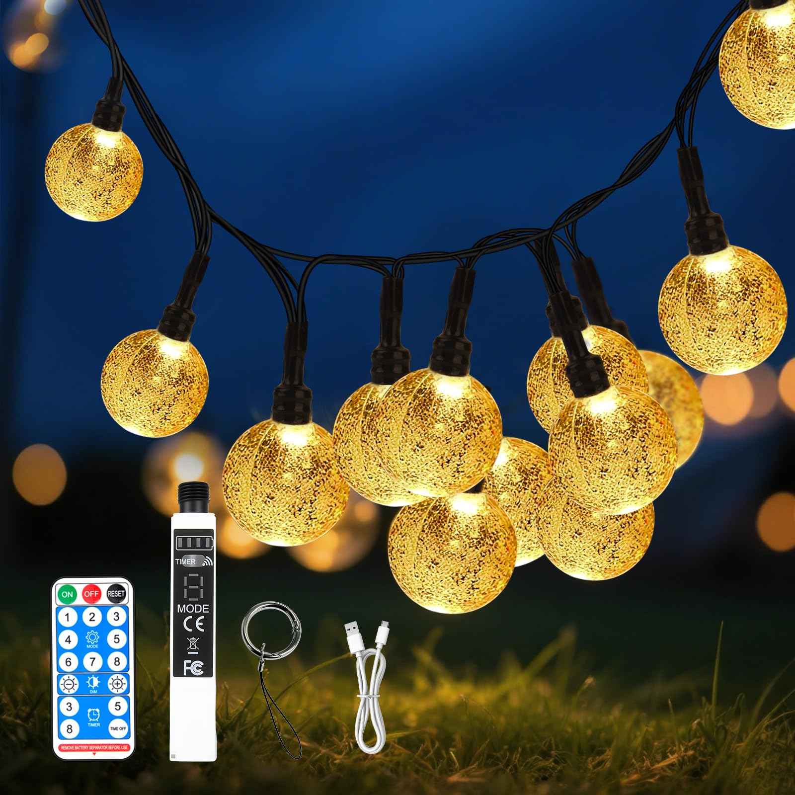 SMY Lighting 16FT Rechargeable Battery Operated 30 LED Crystal Globe String Lights Outdoor/Indoor, Patio Hanging Lights with Remote Timer,Waterproof 8 Lighting Modes for Camping Garden Christmas Décor