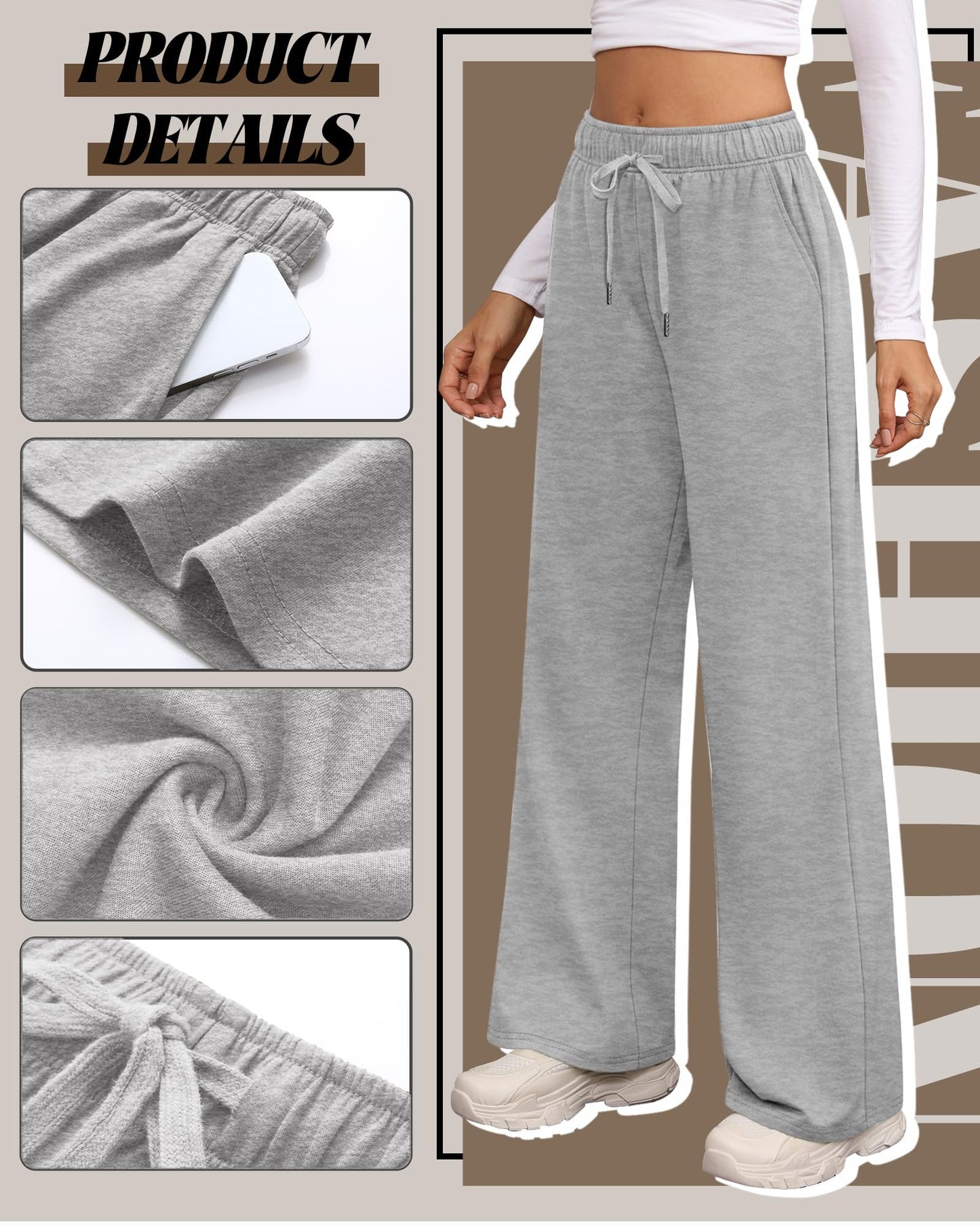 Riyiper 3 Pack Women Wide Leg Sweatpants Drawstring Straight Pants Elastic Waist Joggers Open Bottom Sweatpants with Pockets (Light Gray, Dark Gray, Black,S)