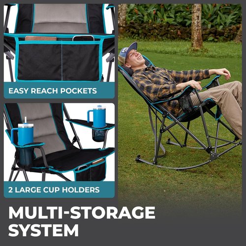 FUNDANGO Oversized Rocking Camping Chair - High Back Padded Folding Lawn Chair with Cup Holders & Carry Bag | Supports 440 lbs (Black)