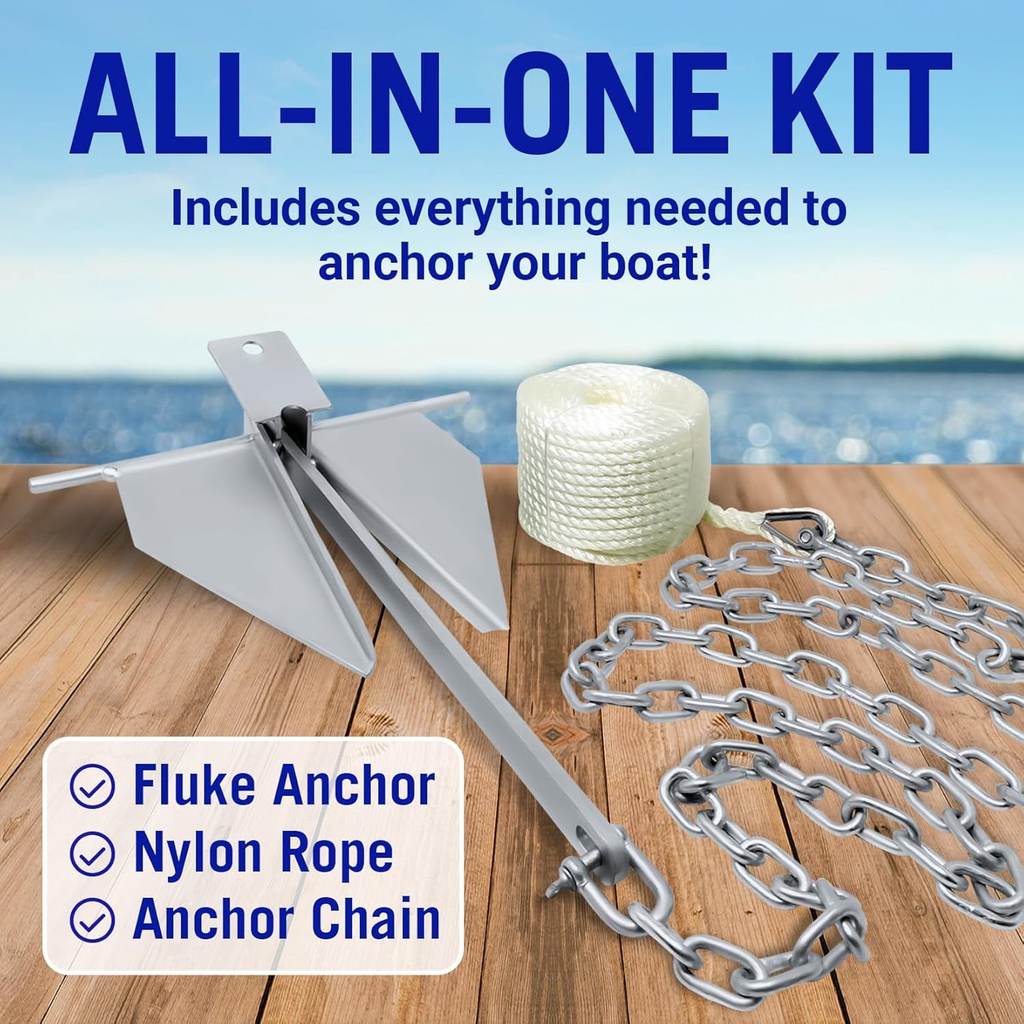 Better Boat Heavy Duty Fluke Boat Anchor Kit - Hot Dip Galvanized Steel with Rope & Chain | Multiple Sizes Available