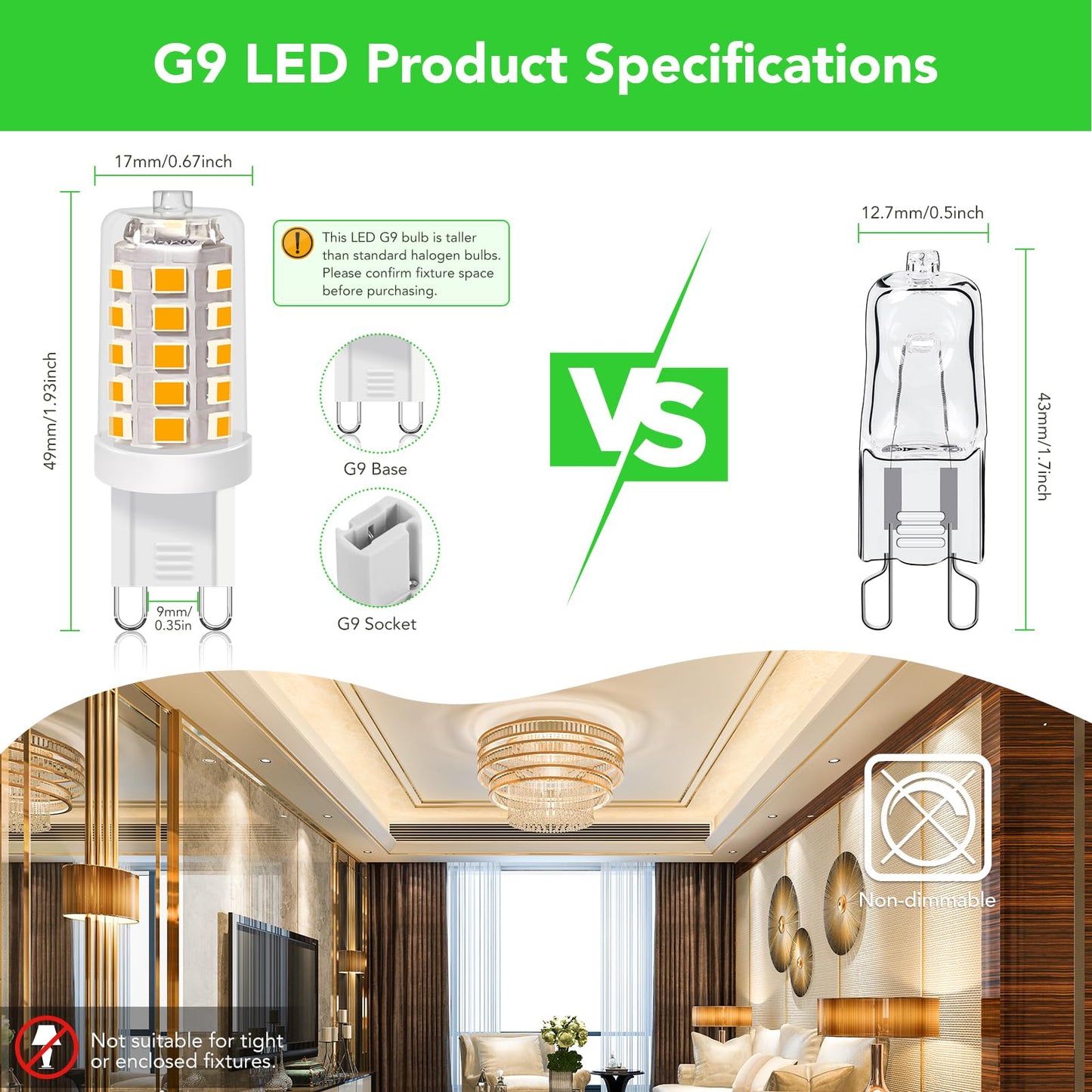 BUBO G9 LED Bulb 2700K Soft White 430 Lumens, 3W Equivalent 40W T4 G9 Halogen Replacement, 360°Beam Angle 120V Non-Dimmable No-Flicker G9 Light Bulbs for Crystal Chandelier Lighting, 10 Pack