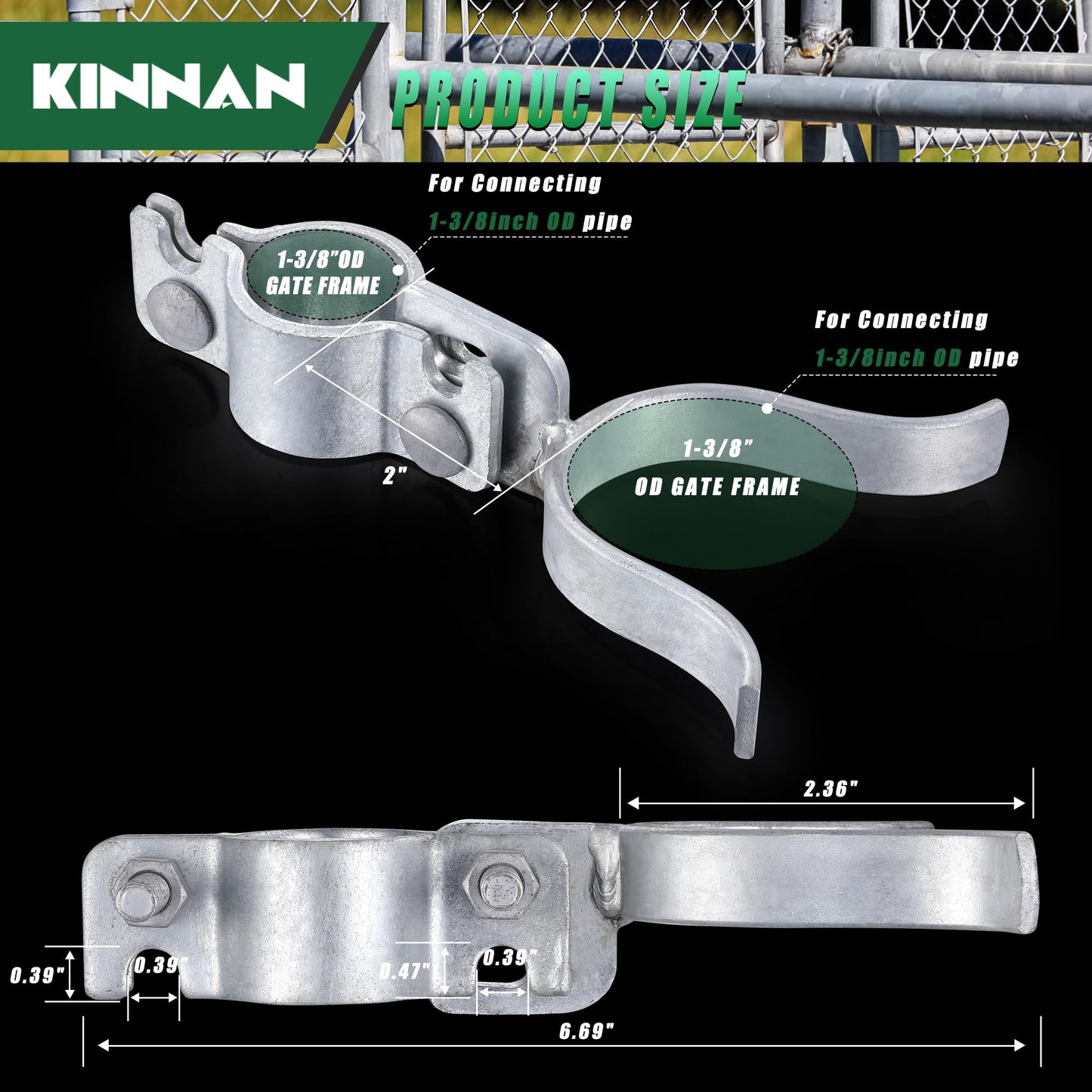 KINNAN 1-3/8" x 1-3/8" Chain Link Fence Gate Latch, Chain Link Parts with Padlock Hole, Galvanized Fence Latch Lock for Fence Gate Frames,Mount to Gate Post
