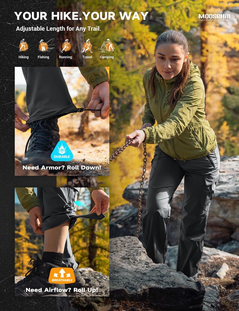 Moosehill Women's-Hiking-Pants-Cargo-Quick-Dry-Stretch-Lightweight Work Outdoor Pants with 5 Deep Pockets (Dark Grey, 12, 31in)