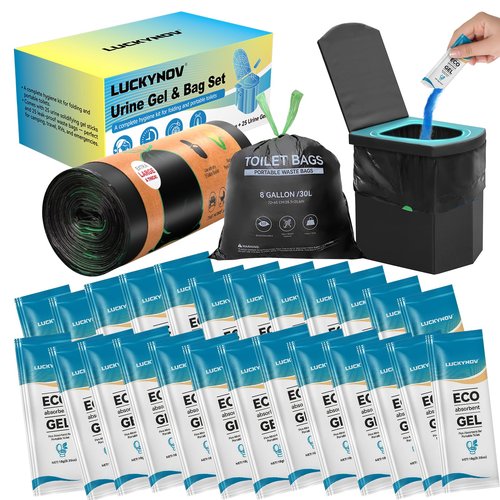 25 Portable Toilet Bags with 25 Poo Gels, 8 Gallon Leak-Proof Camping Toilet Waste Bags – Absorbent Gel Value Pack for Portable Potty, RV, Hiking, Travel, Outdoor Use