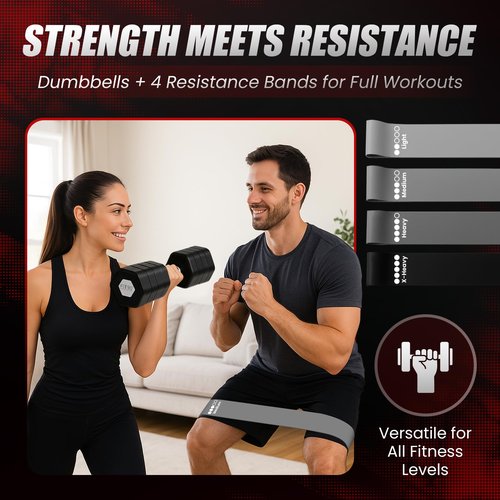FIT90 20Lbs Adjustable Dumbbell Set with Resistance Bands for Working Out – 2-Pcs Weights Dumbbells Set with 4-Pcs Stretch Bands for Exercise – Quick Adjustment – Comfortable Grip (PINK)