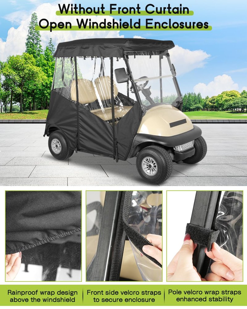 2 Passenger Golf Cart Enclosure for Club Car Precedent 2-Seater 57.5" Roof 3-Sided Clear Windows Roll-up Door No Windshield Curtain Waterproof Transparent Driving Rain Cover Black (with Seat Towel)