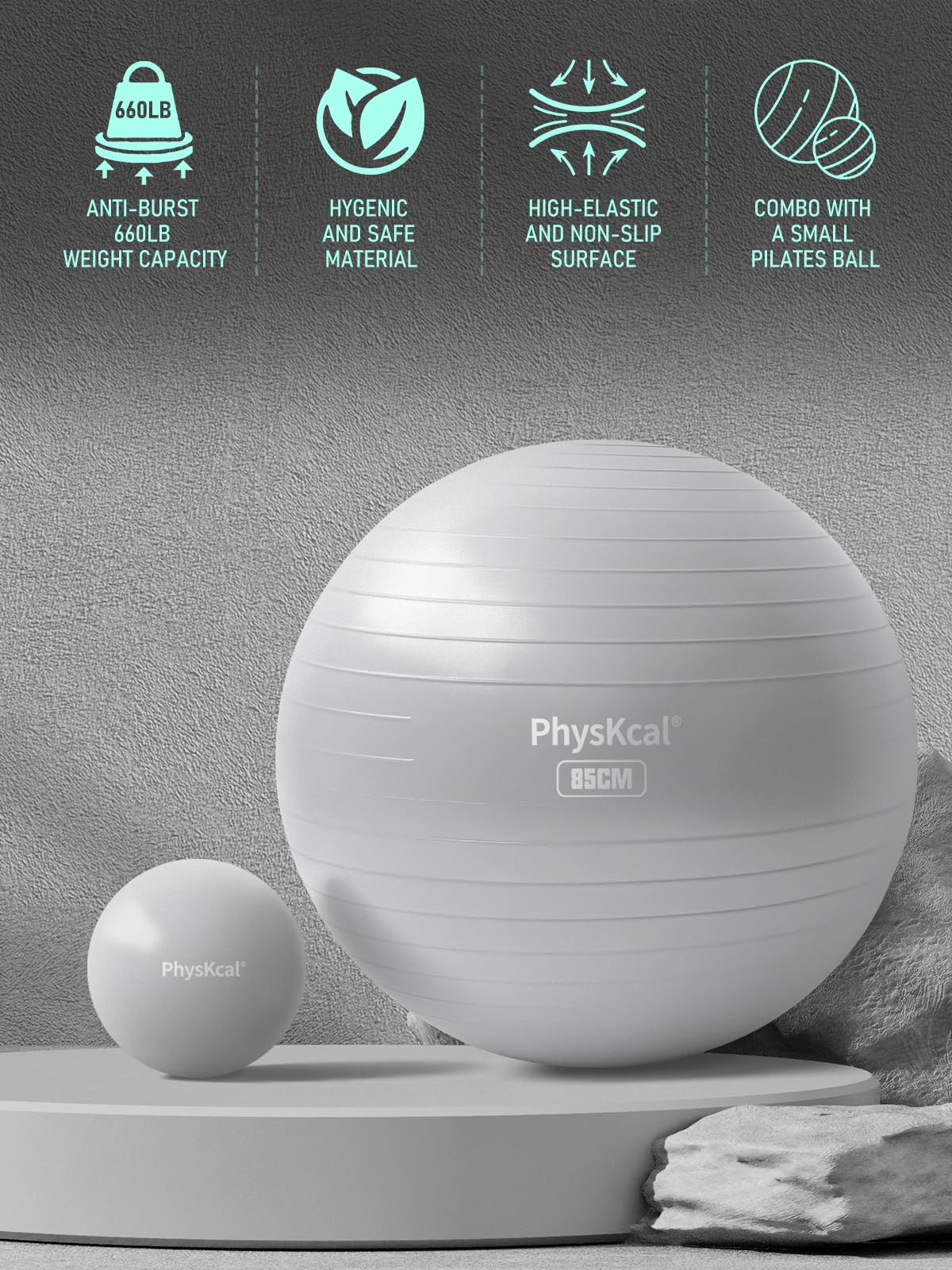 PhysKcal Large Yoga Ball to Relieve Back Pain, Exercise Ball, Swiss Ball for Pilates, Gym, Office Chair, Stability, Physical Therapy (Glacier Gray, L (26-29''/68-75cm))
