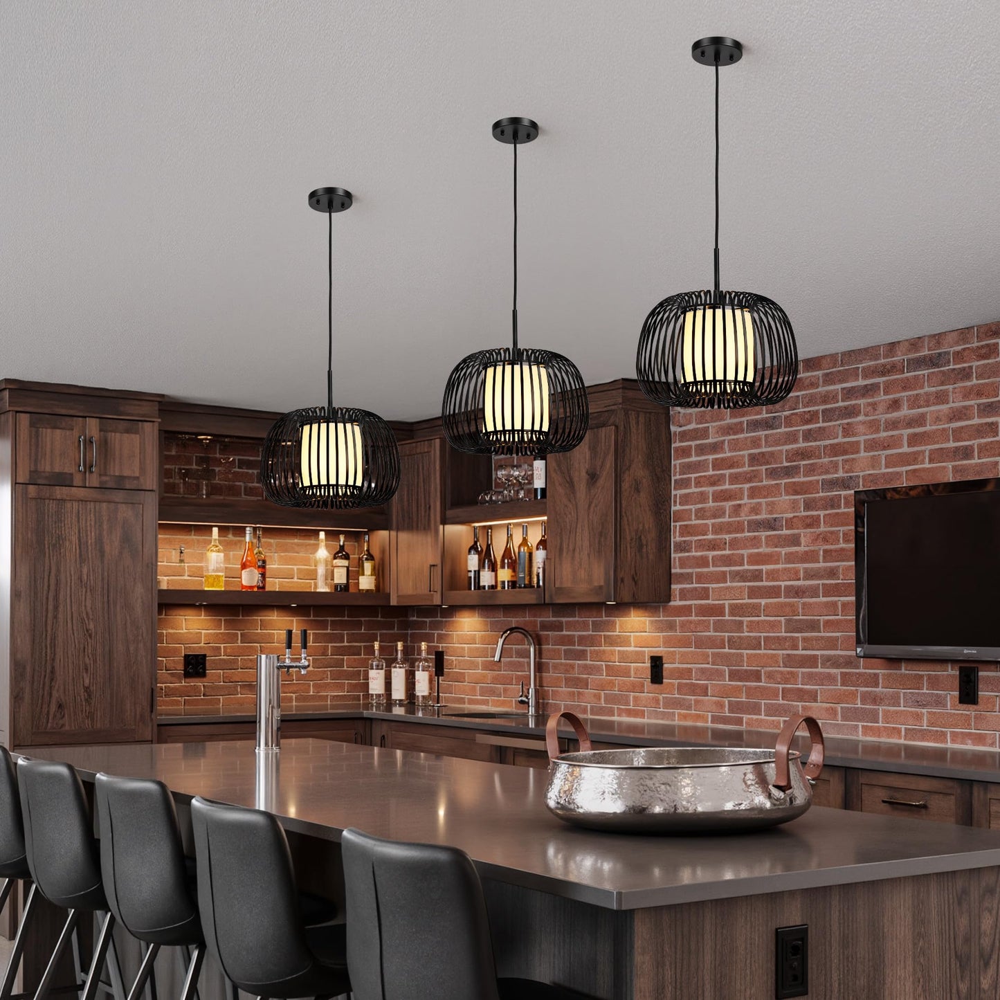 Black Chandeliers Ceiling Light Fixture, 13.7" Modern Chandelier Drum Metal Frame Pendant Light, Adjustable Hanging Chandelier for Over Table Dining Room Entryway Kitchen Island Living Room(1 Pack)