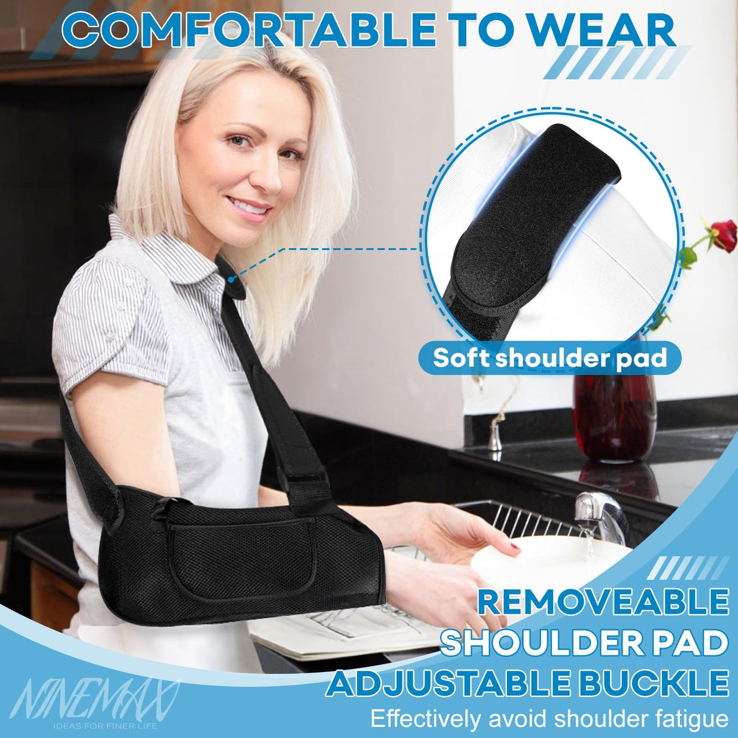 NINEMAX Arm Sling Shoulder Immobilizer Rotator Cuff Support for Shoulder Elbow Injury,Mesh Breathable Brace Left Right Arm Strap for Broken or Fractured Bones for Women Men with Pad (M)