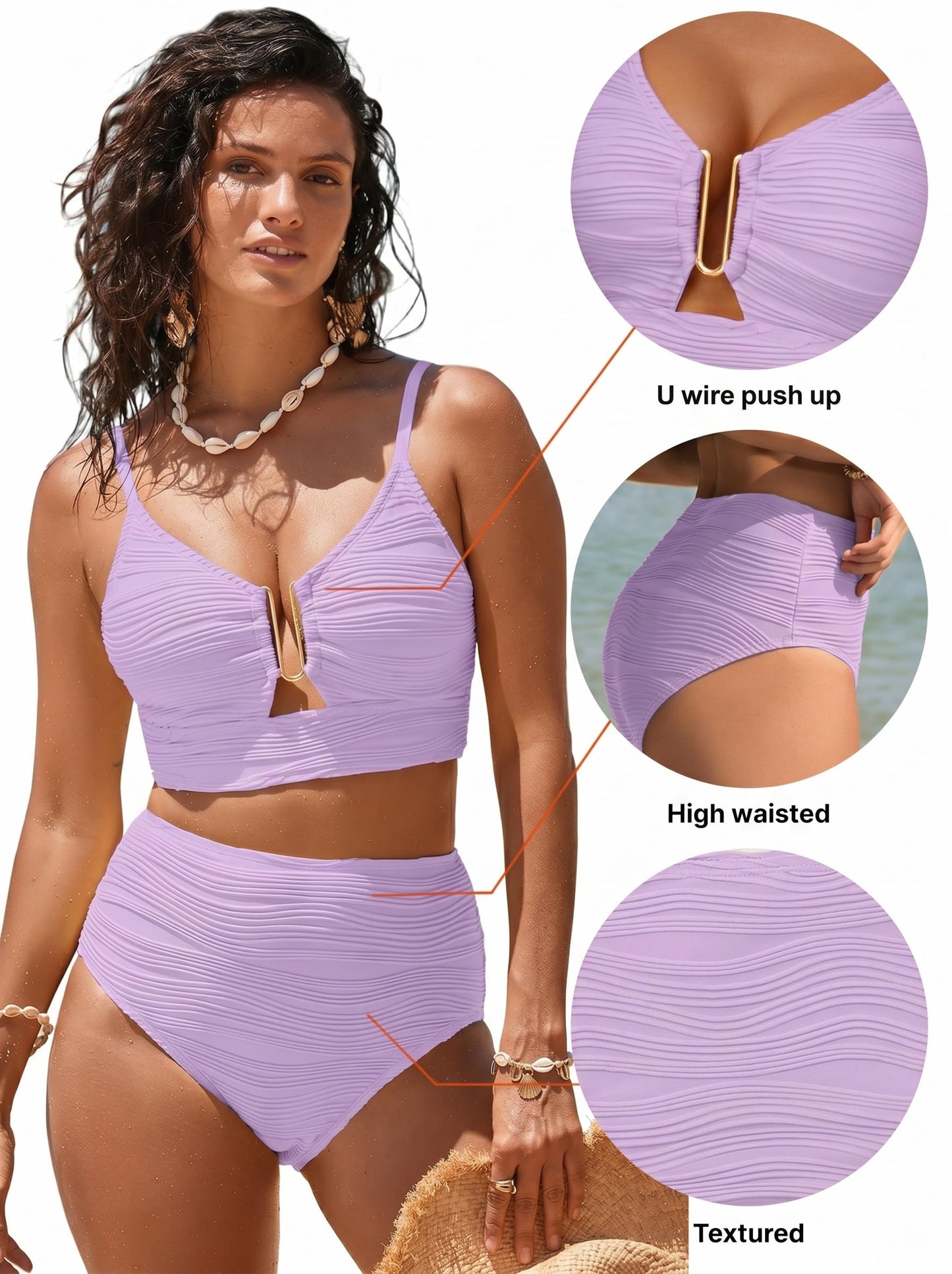 Herseas Women's Ribbed Bikini Set Spaghetti Strap U Wire V Neck 2 Piece Popular Swimsuits High Rise 2026 Summer Beach Fashion Outfits Slimming Bathing Suit Light Purple Large