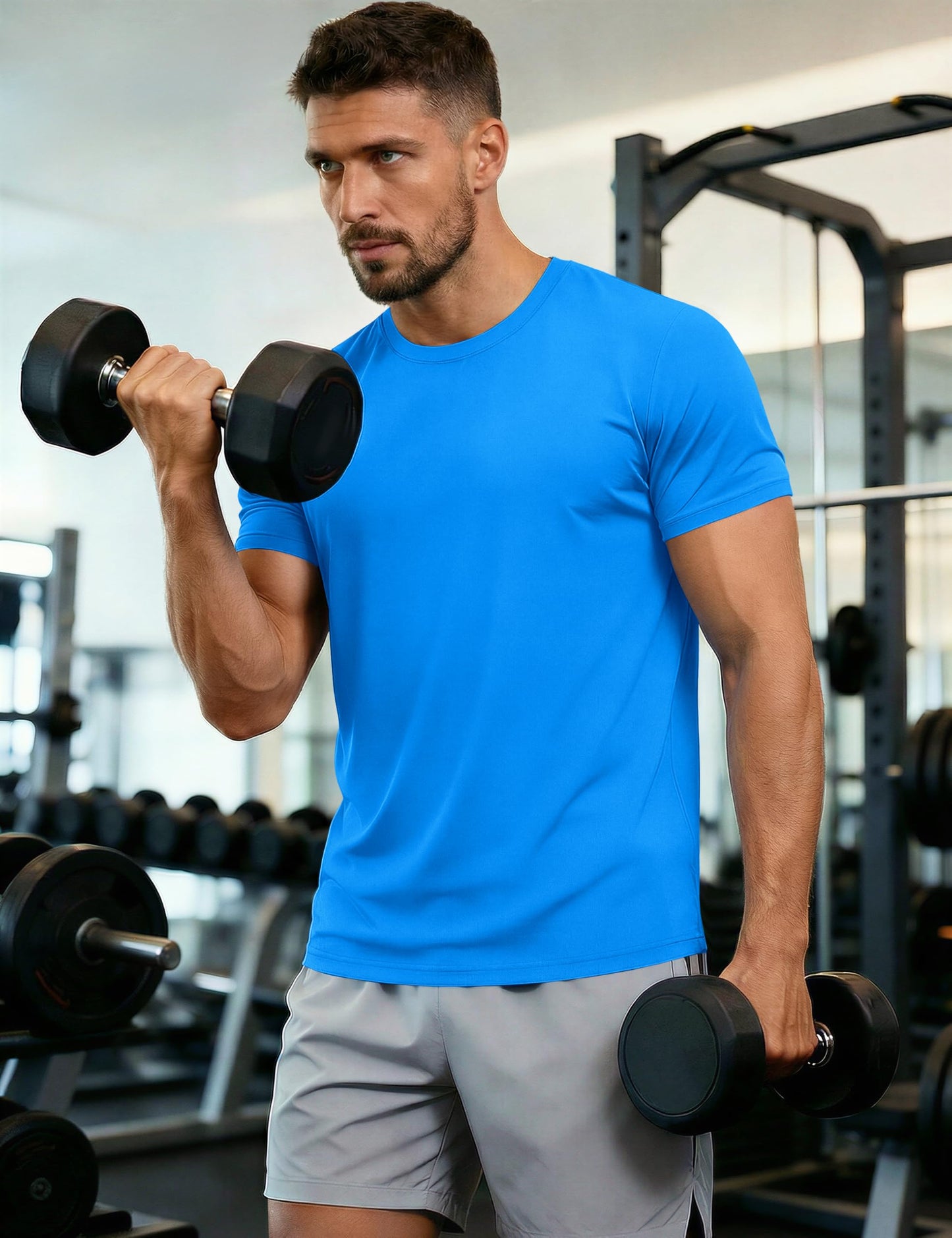 Mens Short Sleeve T Shirts Dry Fit Summer Shirts Ultra Lightweight UV Protection Hiking Shirts Athletic Jersey Active T-Shirt Azure
