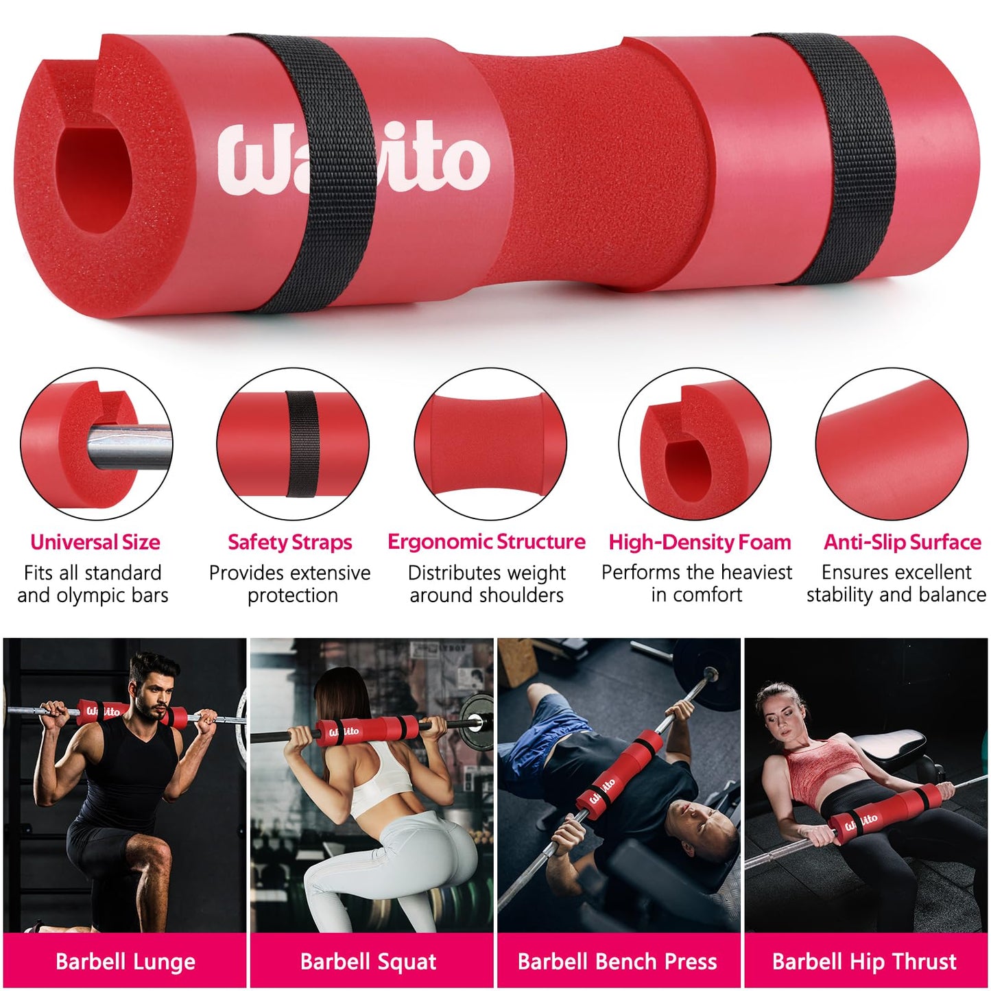 WALITO 8Pcs Barbell Pad Set for Hip Thrust - Squat Pad,Gym Accessories for Women with Bar Bad,Bench Press, with Gym Ankle Straps,Resistance Bands for Working Out,Lifting Strap,Carry Bag (Red)