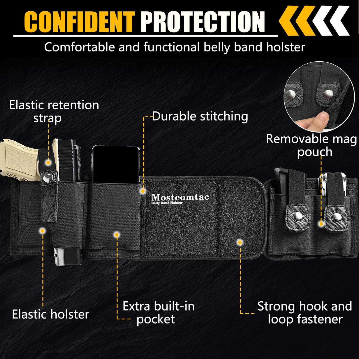 Mostcomtac Belly Band Holster for Men & Women - Breathable Neoprene Gun Holster, Multi - Pocket Tactical Belt for Outdoors, Fits G17-43x, Taurus G3C, G2C and Most 9mm and 383 Handguns（R-L）