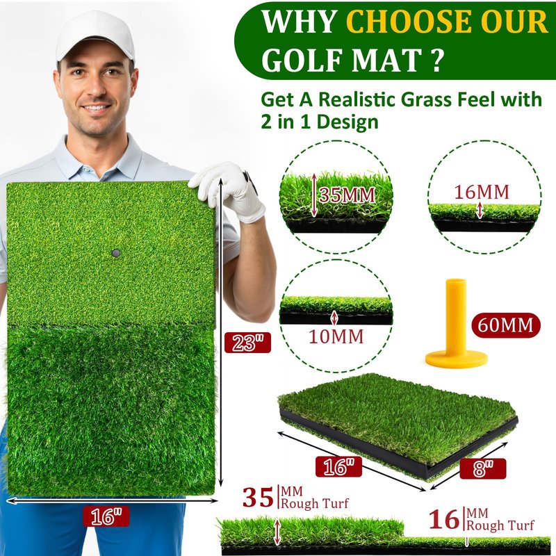 Golf Hitting Mat,Golf Mat for Practice Indoor/Outdoor, High-Elasticity Artificial Turf Mat, Portable Golf Swing Training Mat for Garage Simulator Chipping Driving Training(16"*23"-10MM)