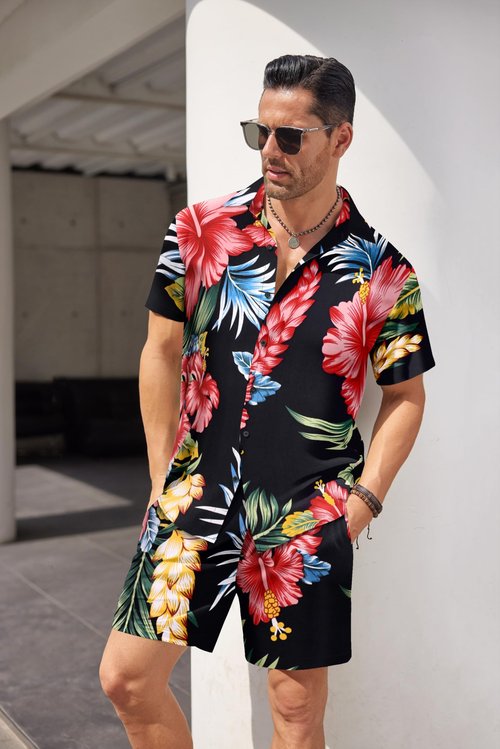 COOFANDY Men's Hawaiian Short Sleeve Sets Beach Outfits Rave 2 Piece Shirt Suits with Hats