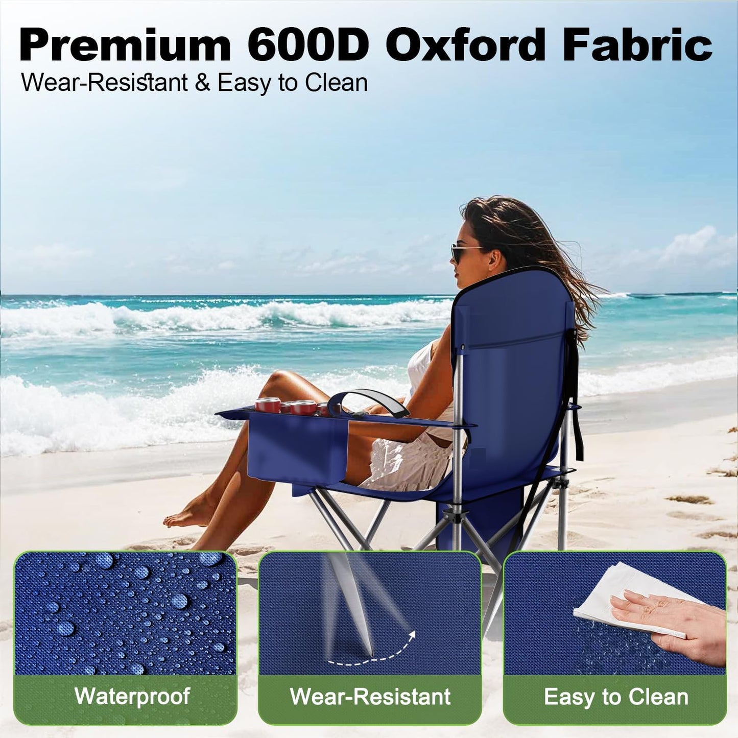 VTOY Folding Camping Chair - Durable 600D Oxford with Cooler Pouch, Cup Holder & Storage Pocket | Portable Outdoor Seating