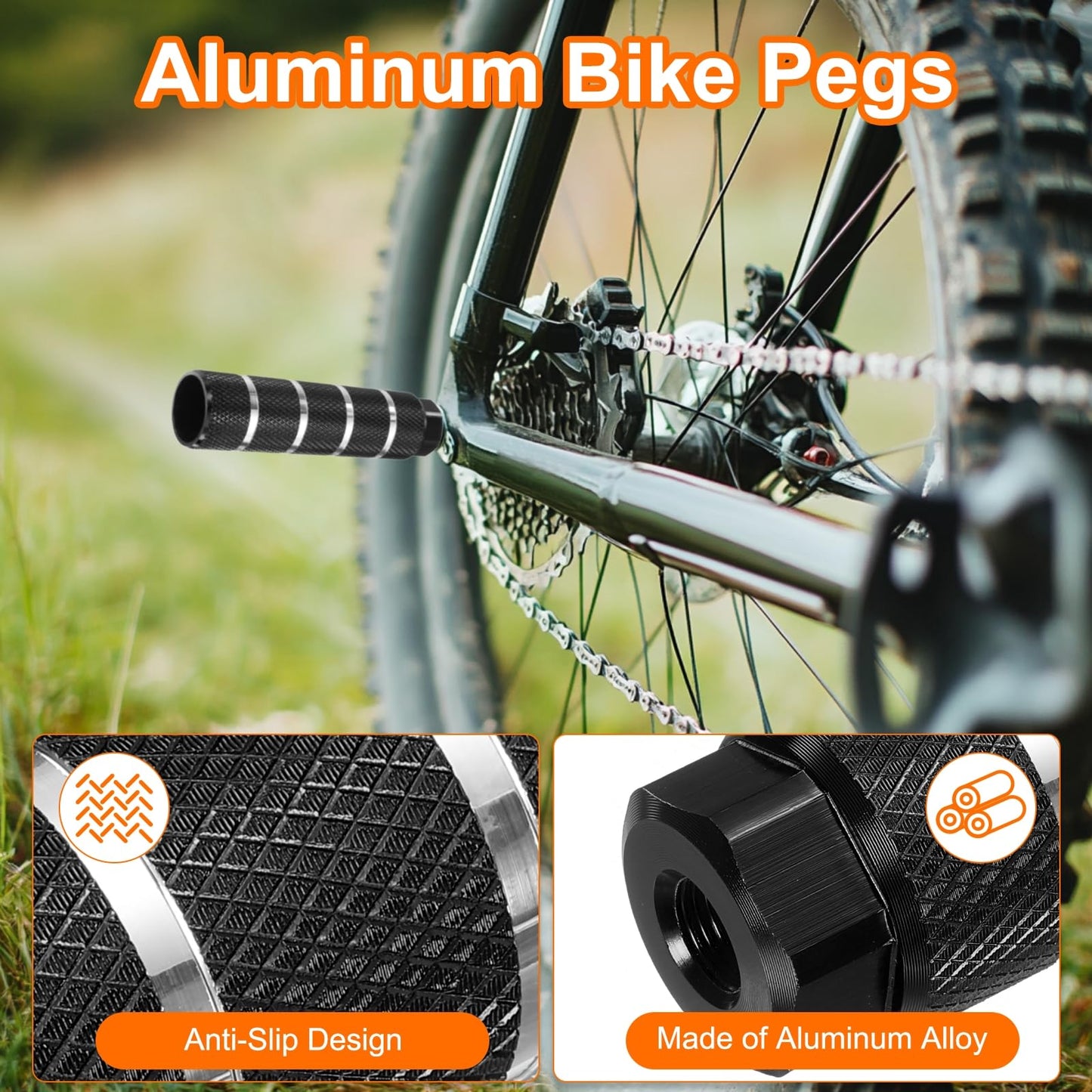 HARFINGTON 2 Pairs Bike Pegs Aluminum Alloy Rear Stunt Pegs Anti-Skid Stripe Back Seat Stands Fit 3/8" Axles for Mountain Bike, Black & Silver