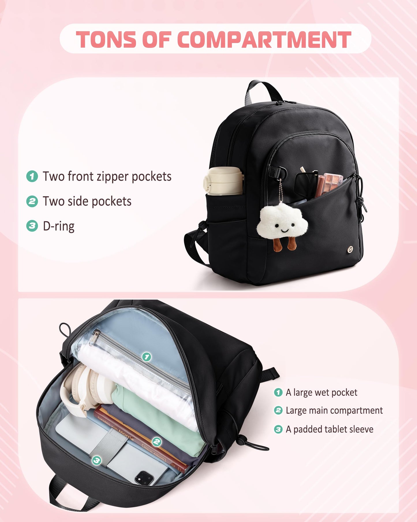 Smasrob Women Mini Backpack with Wet Pocket and RFID Blocking Pocket, Small Backpack Purse for Gym, Work, College or Travel, Black