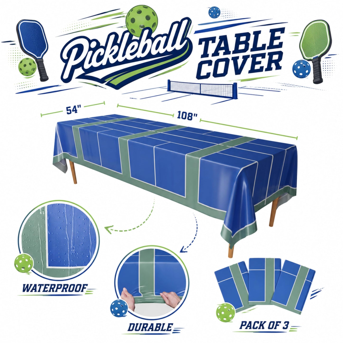 Blue Orchards Pickleball Table Cover (Pack of 3) - Pickleball Party Supplies and Decorations Sports Themed Plastic Tablecloth Birthday Baby Shower Tableware, 54x108 XL Rectangle Tablecloths