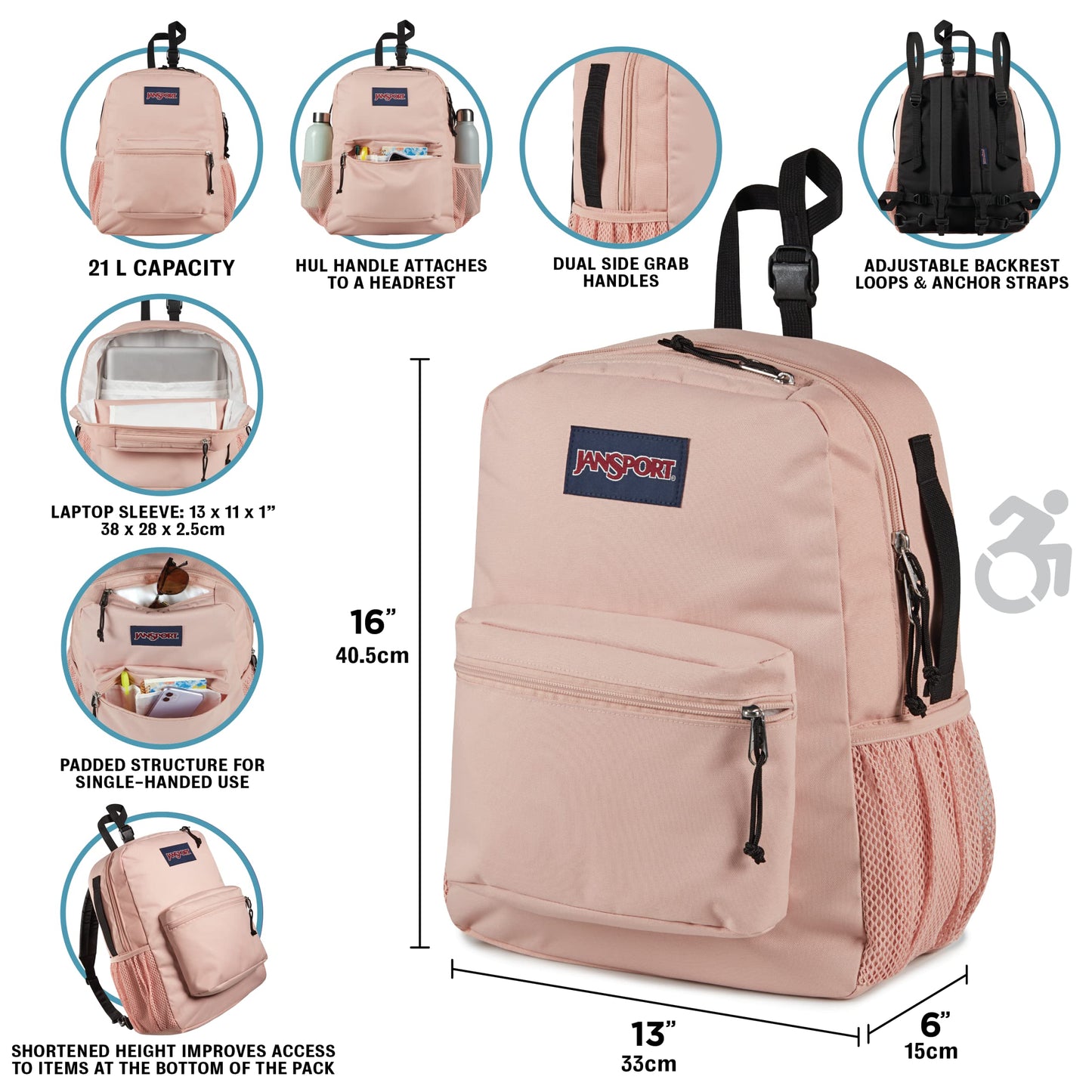 JanSport Central Adaptive Backpack – Wheelchair & Walker Compatible, Tuck-Away Shoulder Straps, Adjustable Backrest Loops & Anchor Straps, Iconic Design, Black