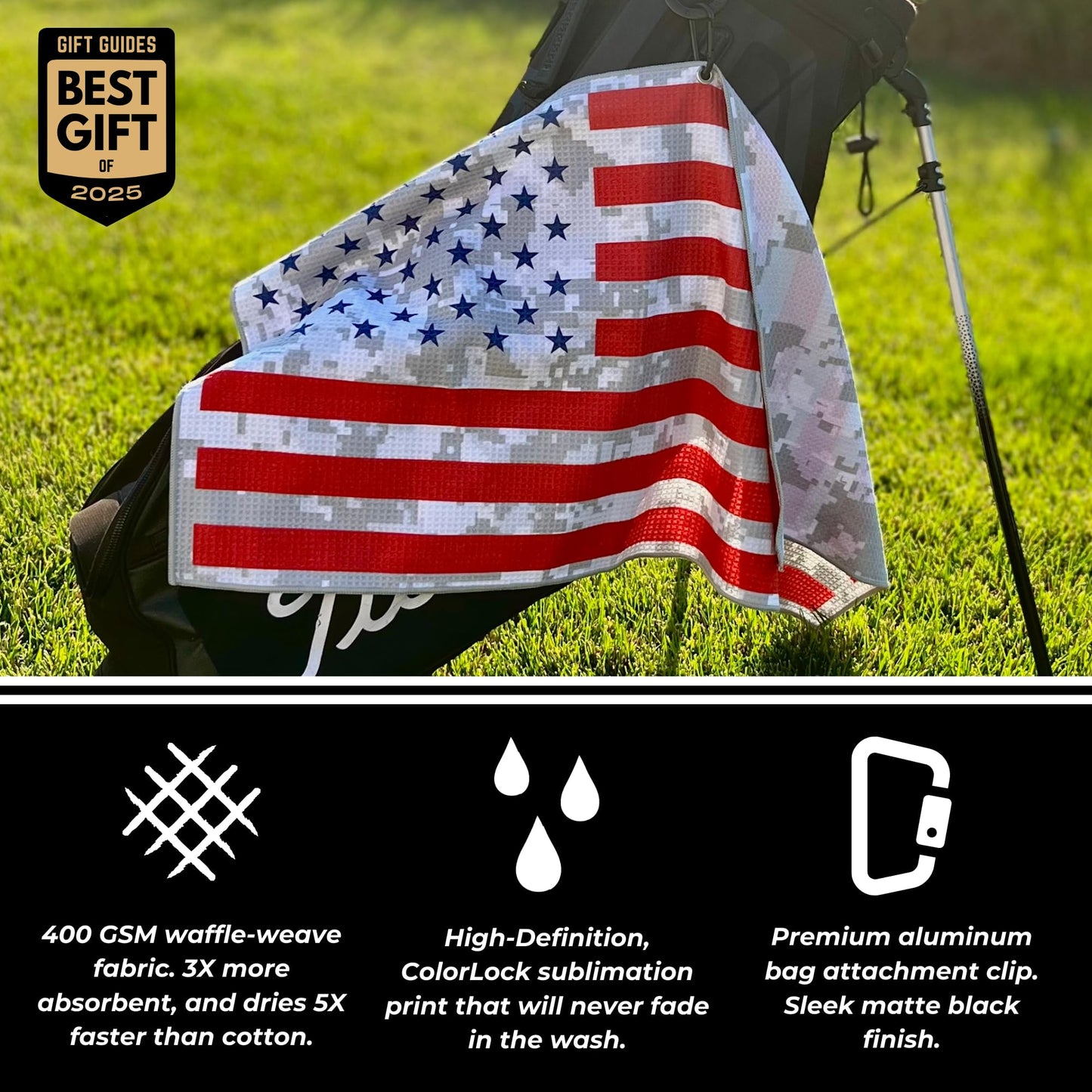 Pin Hunters American Flag Microfiber Golf Towel | Black Camo | Premium Waffle Towel with Clip | Large 31"×15.5" Towel for Golf Bags | Accessories for Men | Fun Gift for Husband | USA Pride