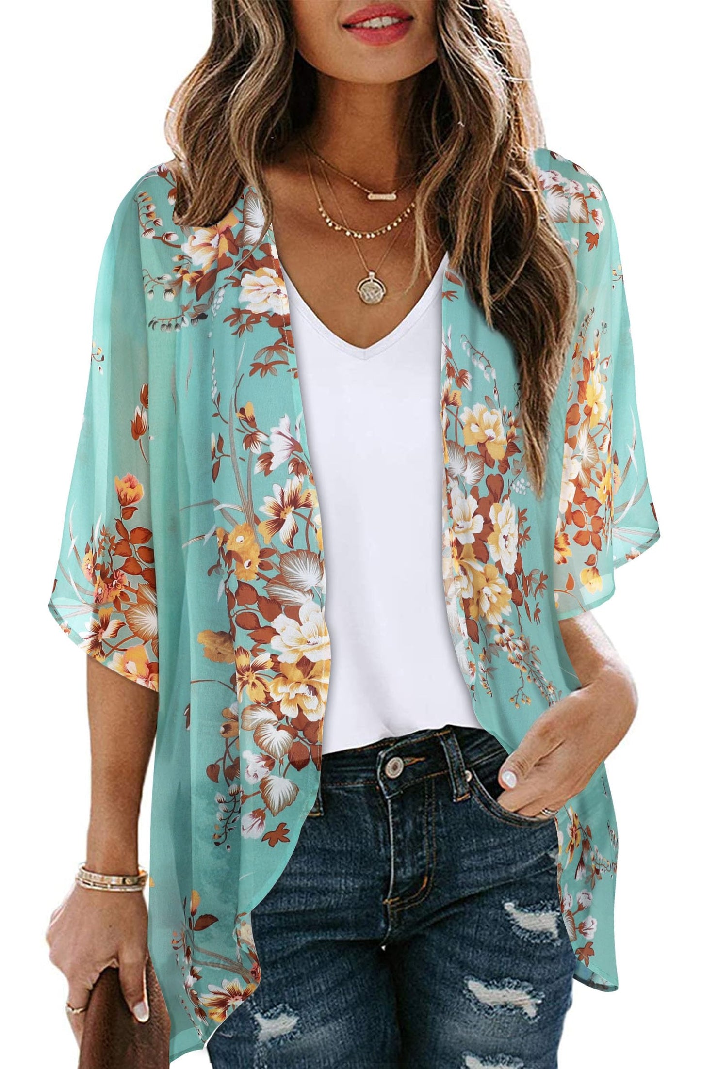 Womens Kimonos Bathingsuit Cover Ups Floral Cardigan 3/4 Sleeves Shrug Summer Tops Resortwear(Aqua Blue,L)