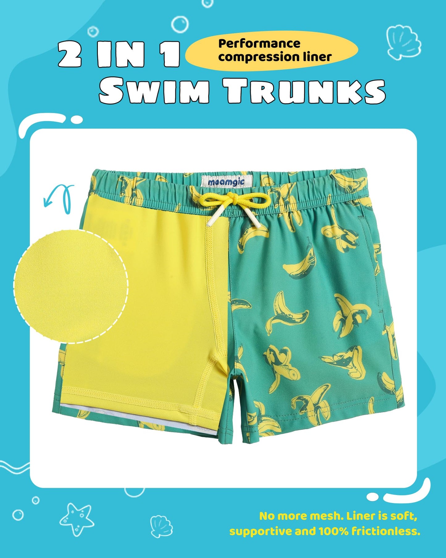 maamgic Boys Swim Trunks with Compression Liner Toddler Stretch Swim Shorts Quick Dry Swimming Trunks Boxer Brief 2 in 1 Beach Shorts Green Banana Eating 3T