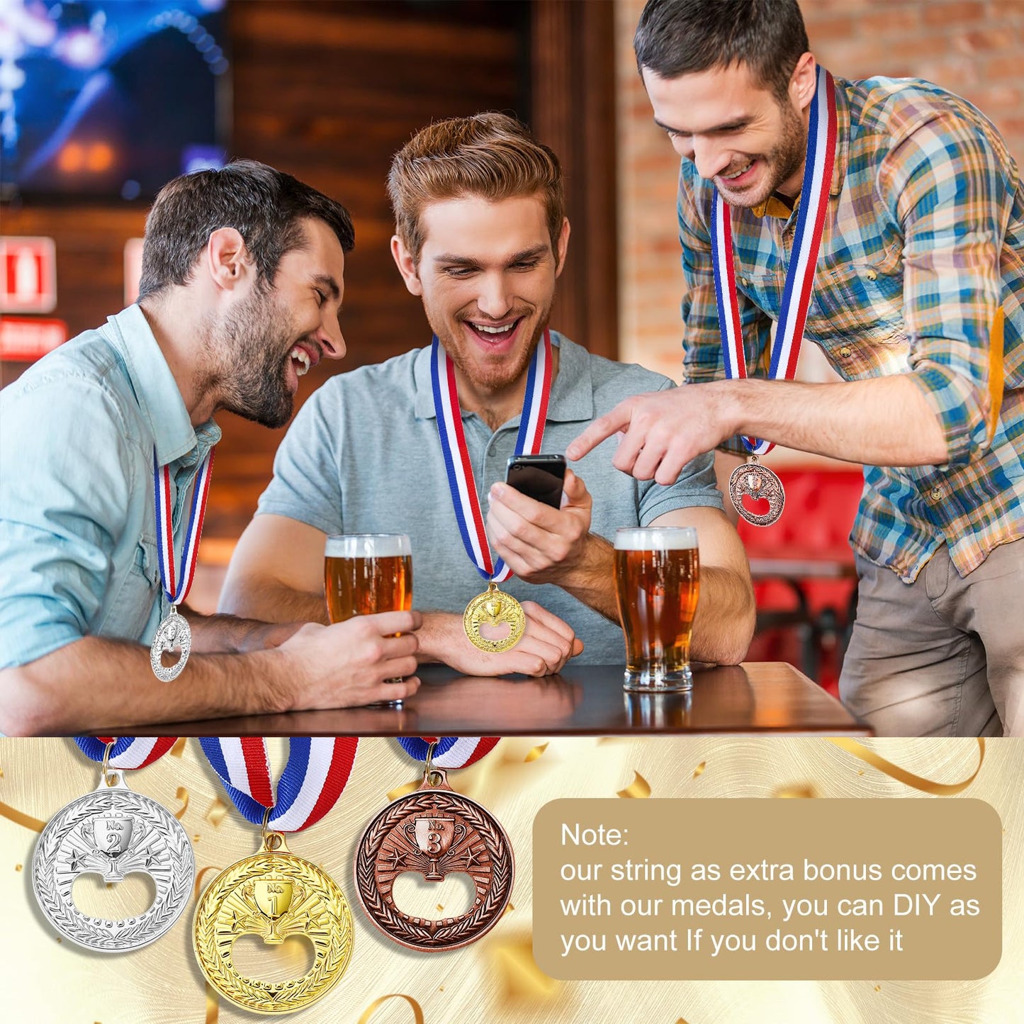 Honeydak Medal Shaped Flat Bottle Opener Winner Award Metal Wine Beer Gold Silver Copper Medal Trophy Opener with Neck Ribbon for Bar Bartender Men Kitchen Restaurant Party (Trophy)