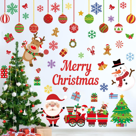 94 Pcs Christmas Wall Stickers Decals Removable Merry Christmas Wall Decorations Xmas Ball Tree Snowman Santa Reindeer Walls Decals for Xmas Party Home Office Walls Decorations