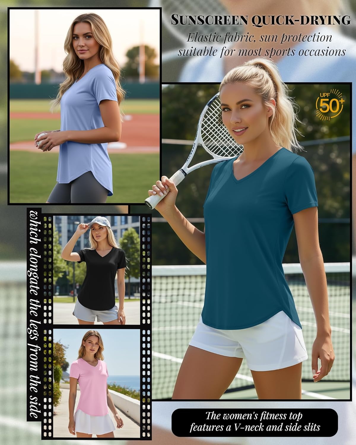 Oakgarden Women's Workout Tops - Quick Dry UPF 50+ V-Neck Gym Shirts | Lightweight, Side Slits, 4 Pack