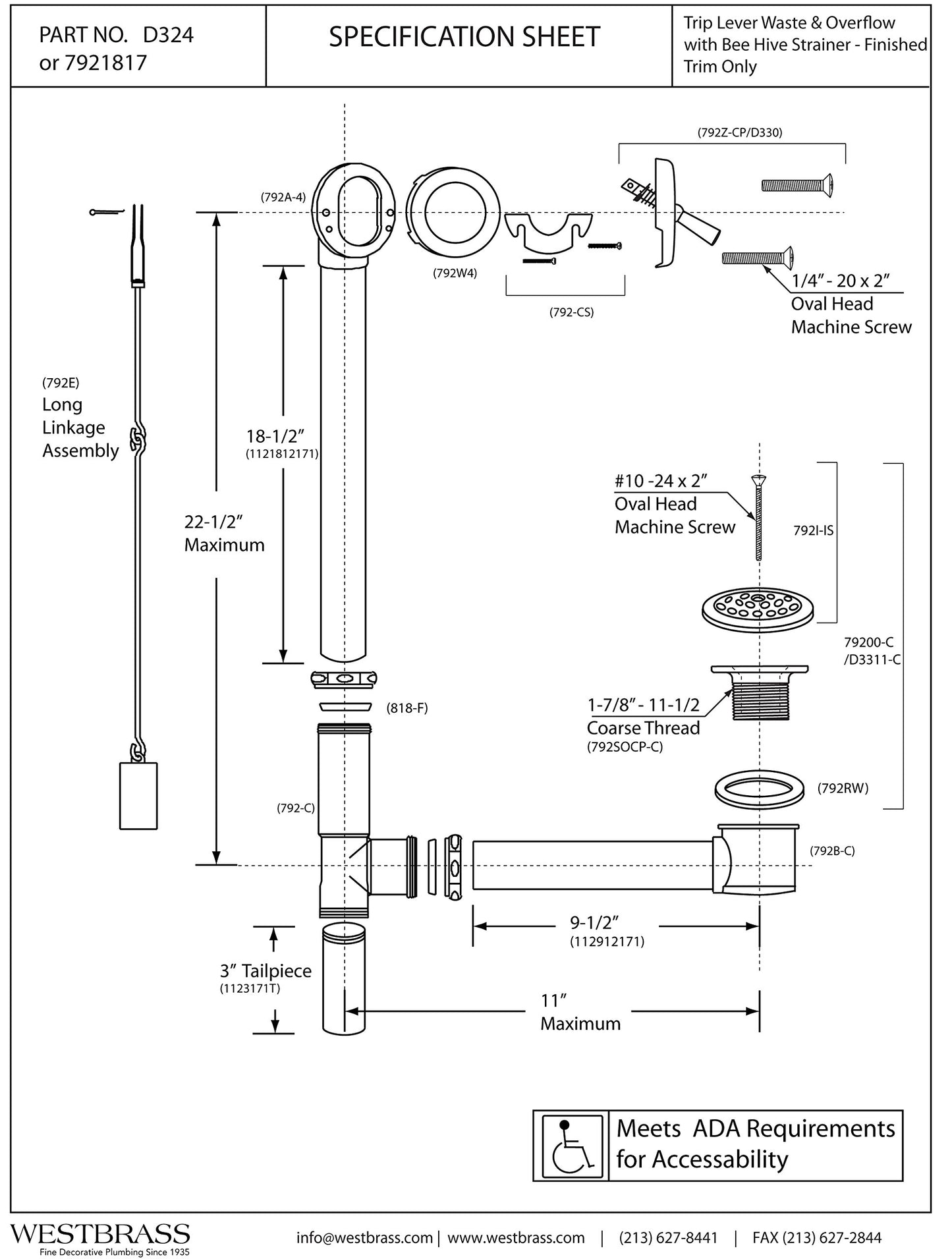 Westbrass Beehive Grid Bath Waste - 22" Make-Up, 17 Gauge Tubing, Matte Black, D324-62