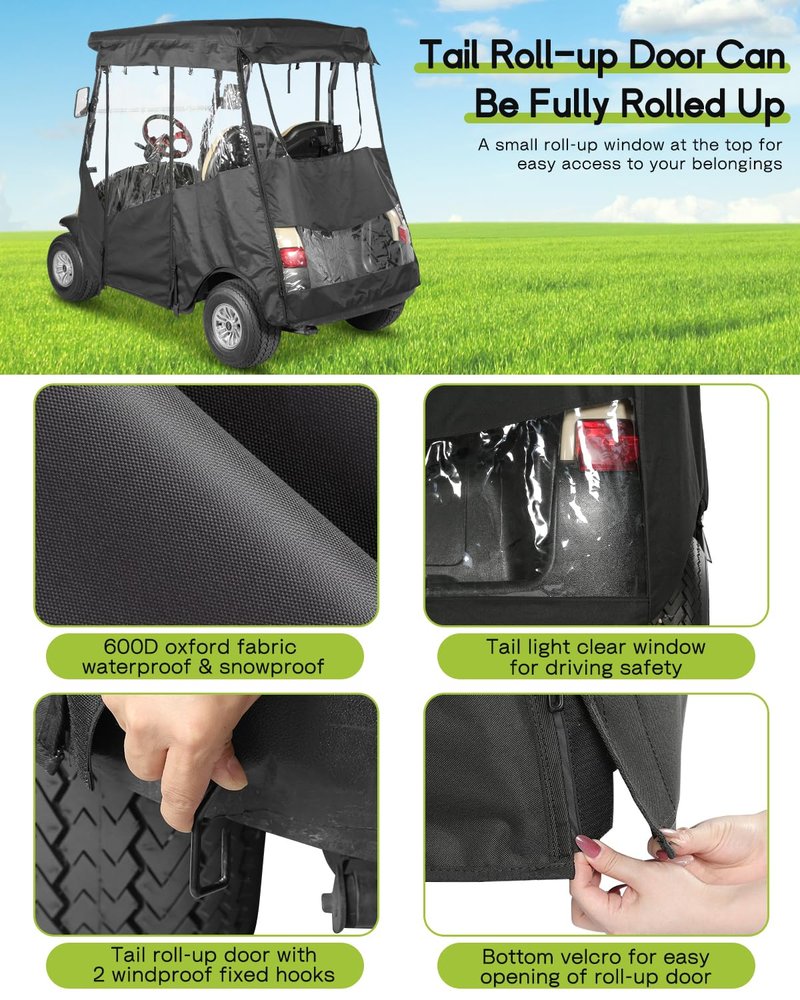 2 Passenger Golf Cart Enclosure for Club Car Precedent 2-Seater 57.5" Roof 3-Sided Clear Windows Roll-up Door No Windshield Curtain Waterproof Transparent Driving Rain Cover Black (with Seat Towel)