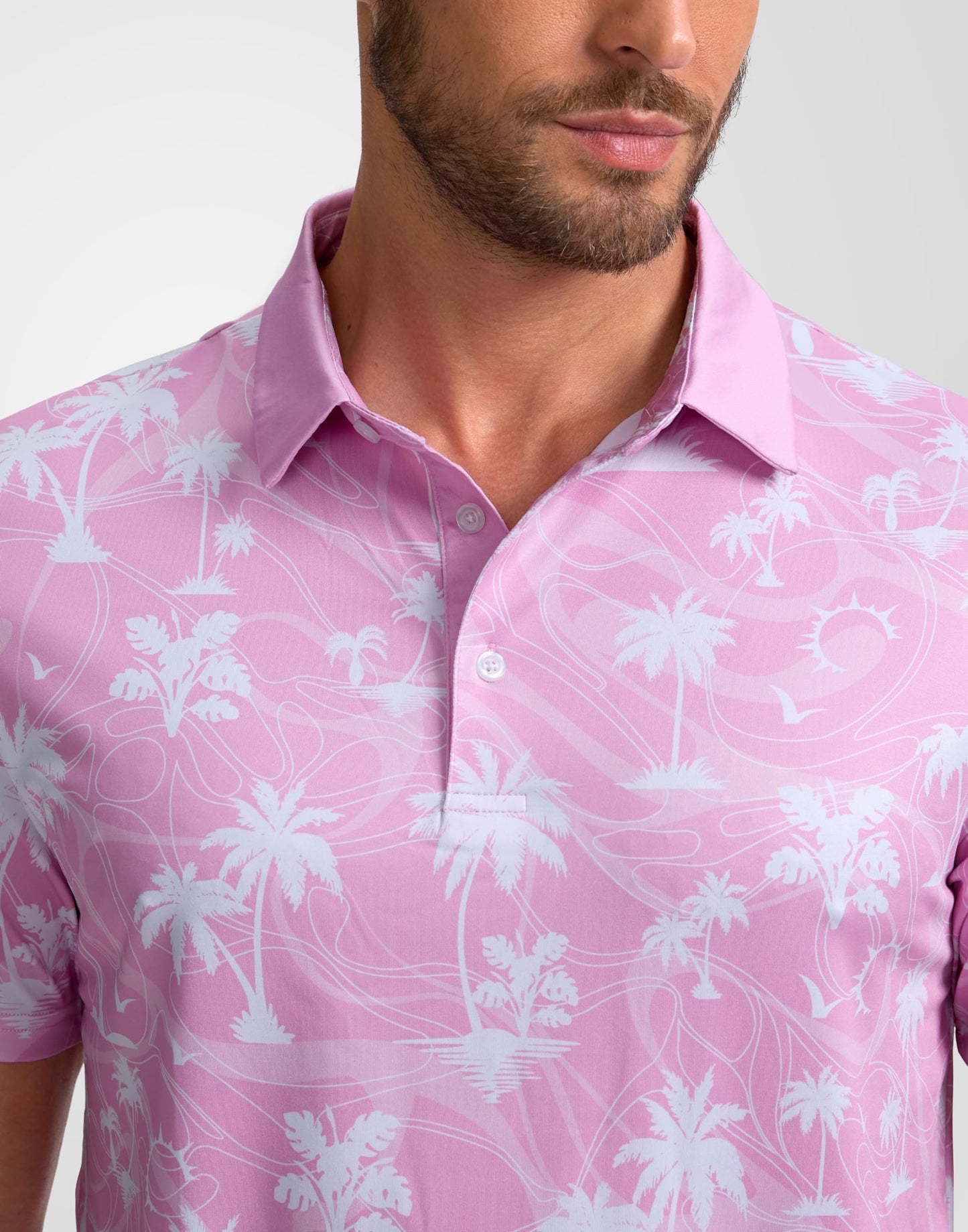 Obla Mens Golf Polo Shirts Short Sleeve Dry Fit Casual Print Collared Golf Shirts Wicking for Men(Pink Coconut Beach_XXXL)